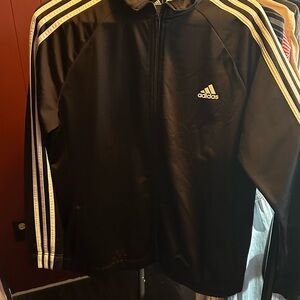 Adidas Black Zipper track jacket with White Stripes woman XL men med